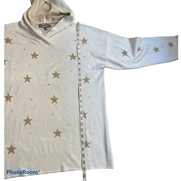 Marled Cream Gold Star Jeweled Hooded Sweater Women’s Large - Picture 4 of 7